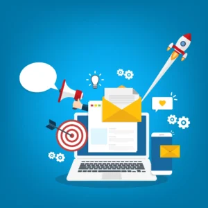 What is Digital Marketing? Illustration showing SEO, social media, email marketing, and online marketing.